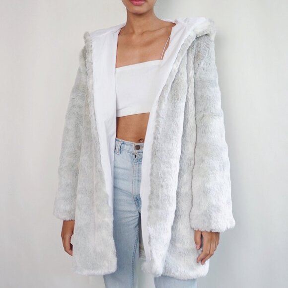 NEW Fuzzy Soft Grey White Hooded Jacket | Faux Fur Cozy Jacket - Picture 1 of 7